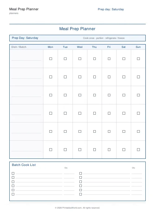 Free printable meal prep planner — Saturday prep — PDF download