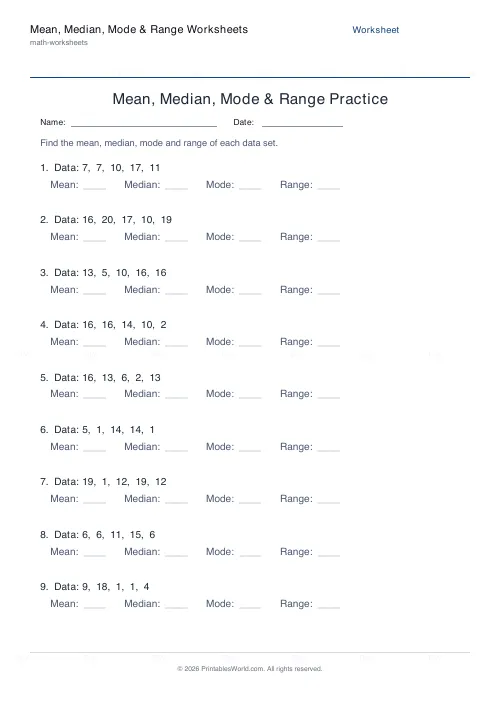 Free printable mean, median, mode and range worksheet (5), PDF download