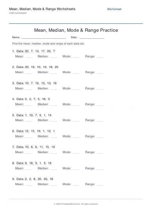 Free printable mean, median, mode and range worksheet (6), PDF download