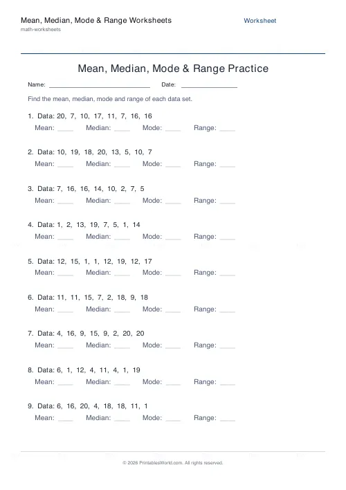 Free printable mean, median, mode and range worksheet (8), PDF download