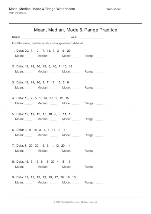 Free printable mean, median, mode and range worksheet (9), PDF download