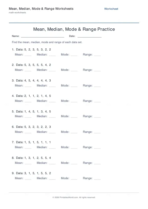 Free printable mean, median, mode and range worksheet (5), PDF download