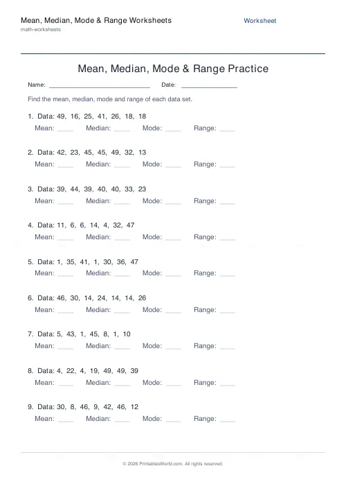 Free printable mean, median, mode and range worksheet (50), PDF download