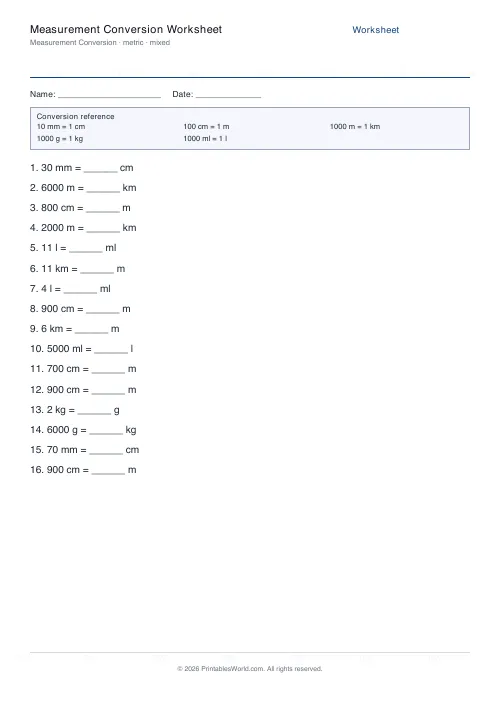 Free printable measurement conversion worksheet — Metric — PDF download