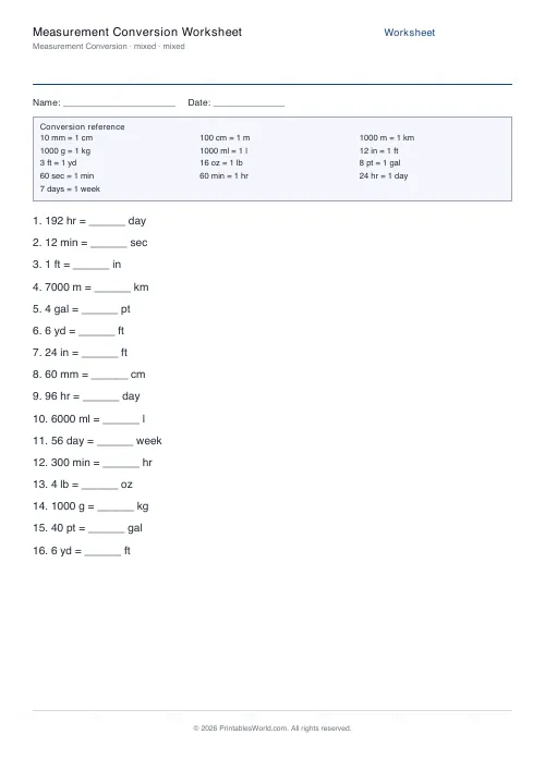 Free printable measurement conversion worksheet — Mixed, with answer key — PDF download