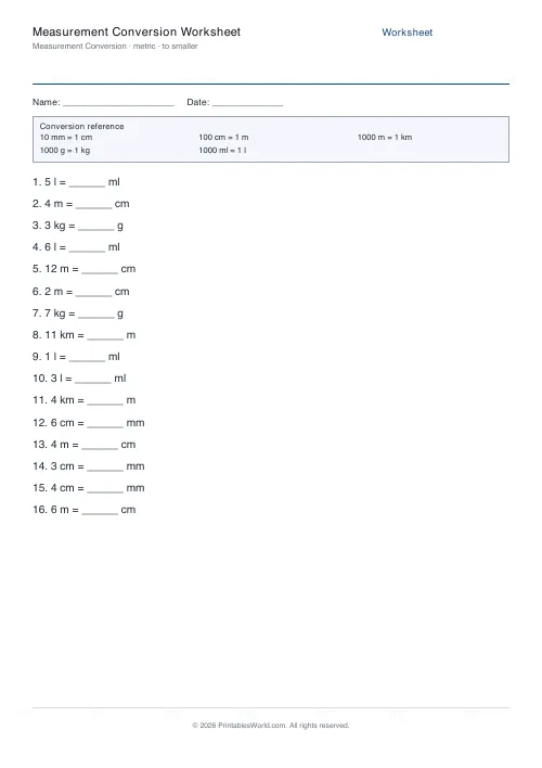 Free printable measurement conversion worksheet — To smaller, with answer key — PDF download