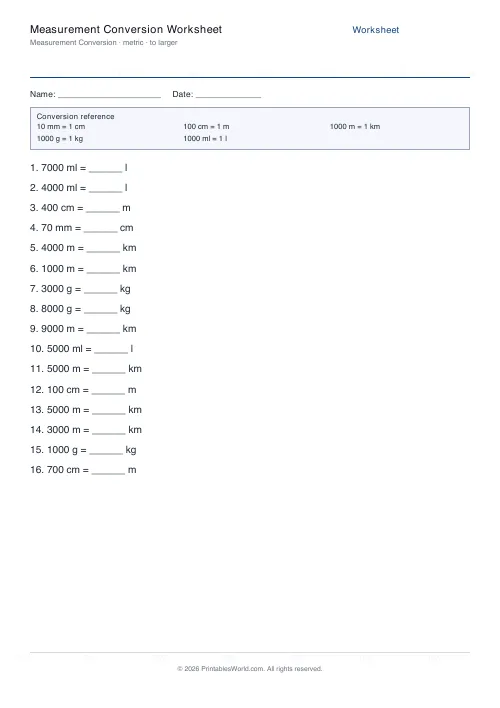 Free printable measurement conversion worksheet — To larger, with answer key — PDF download