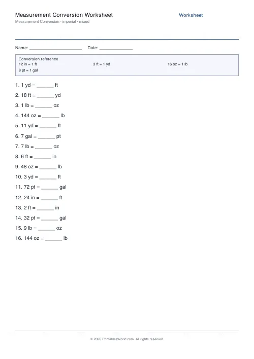 Free printable measurement conversion worksheet — Imperial — PDF download