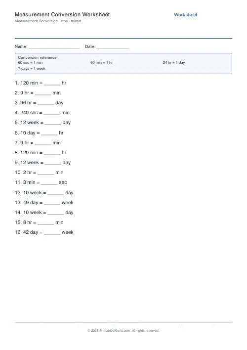 Free printable measurement conversion worksheet — Time — PDF download