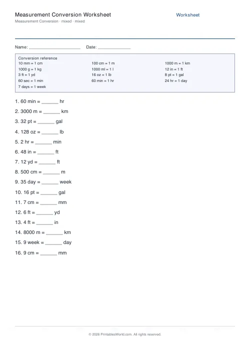 Free printable measurement conversion worksheet — Mixed — PDF download