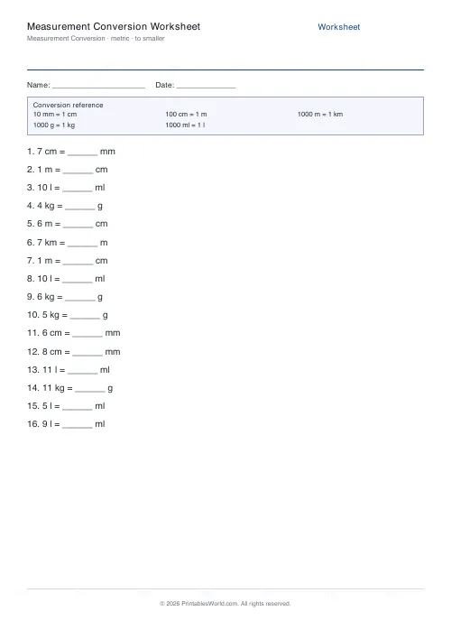 Free printable measurement conversion worksheet — To smaller — PDF download
