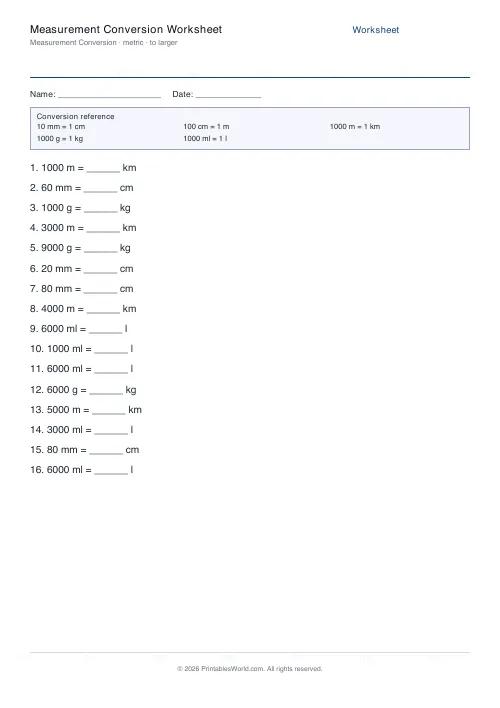Free printable measurement conversion worksheet — To larger — PDF download