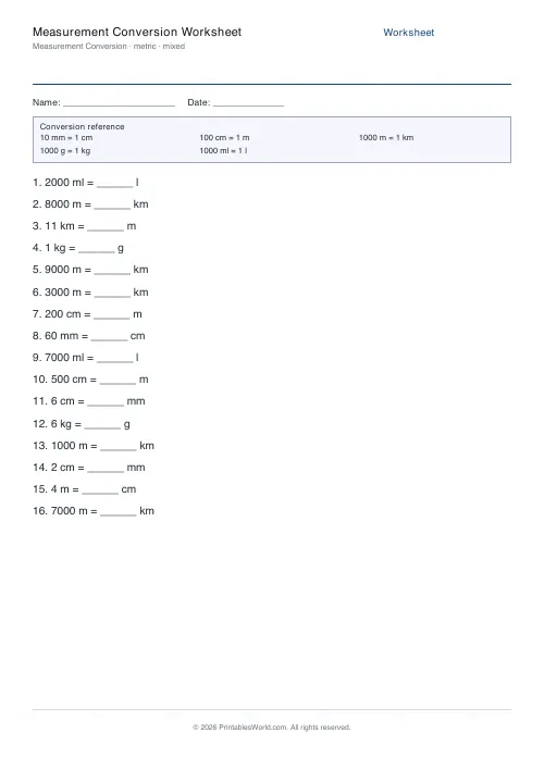 Free printable measurement conversion worksheet — Metric, with answer key — PDF download