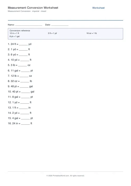 Free printable measurement conversion worksheet — Imperial, with answer key — PDF download