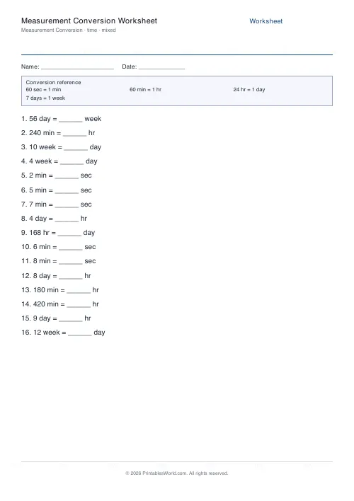 Free printable measurement conversion worksheet — Time, with answer key — PDF download