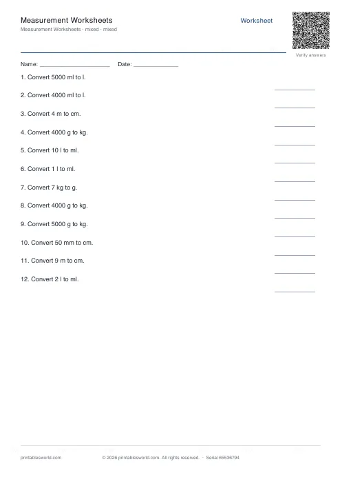 Free printable measurement Worksheets PDF — sheet 10