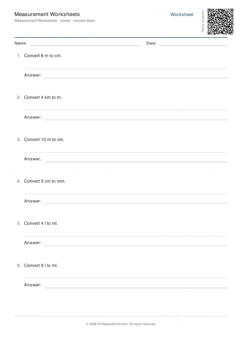 Free printable measurement conversion worksheet (Large to Small, with answer key), PDF download