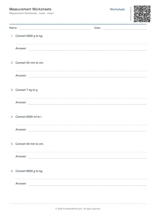 Free printable measurement conversion worksheet (Mixed, with answer key), PDF download