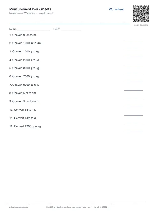Free printable measurement Worksheets PDF — sheet 9