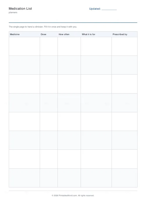 Free printable medication list (8 rows), PDF download