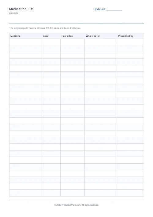 Free printable medication list (24 rows), PDF download