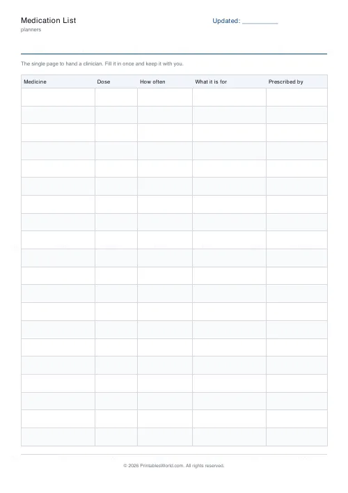 Free printable medication list (No name and date band), PDF download