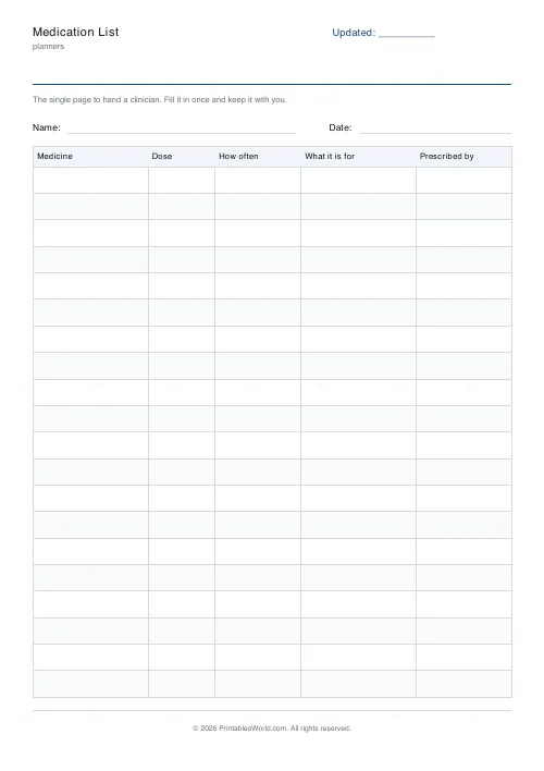 Free printable medication list (With a name and date band), PDF download