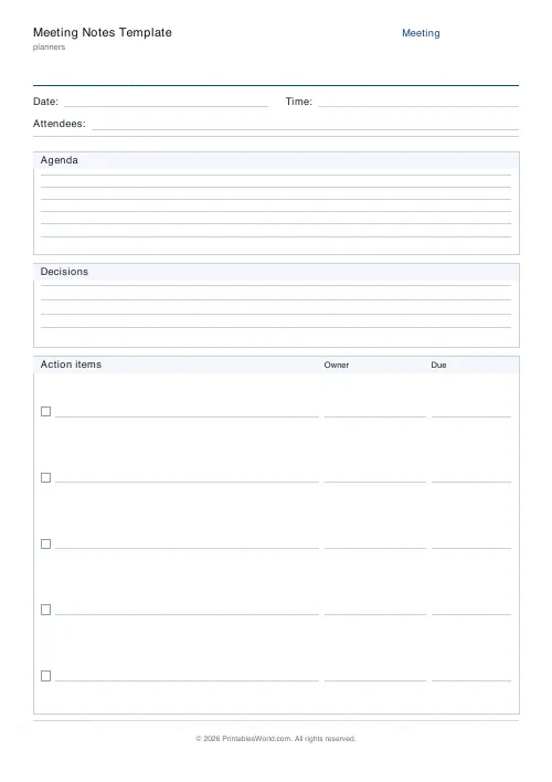 Free printable meeting notes page — 5 action items — PDF download