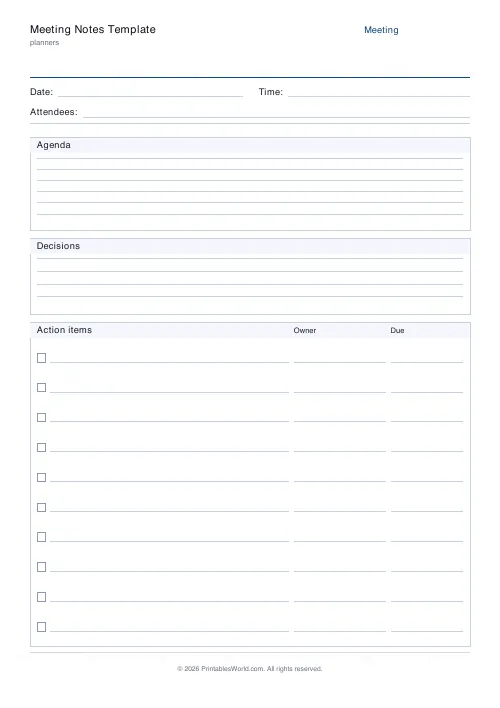 Free printable meeting notes page — 10 action items — PDF download