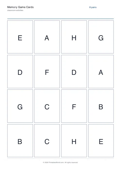 Free printable memory match game — Letters — PDF download