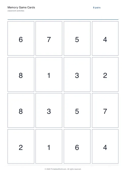 Free printable memory match game — Numbers — PDF download