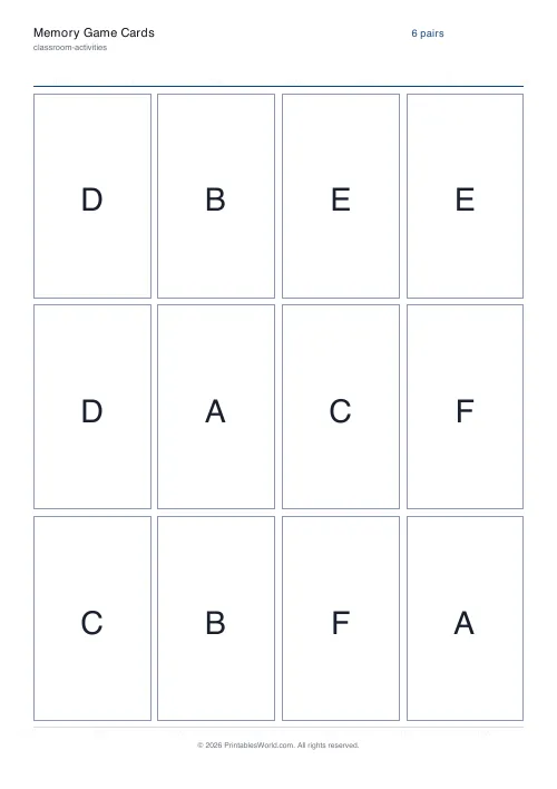 Free printable memory match game — 6 pairs — PDF download
