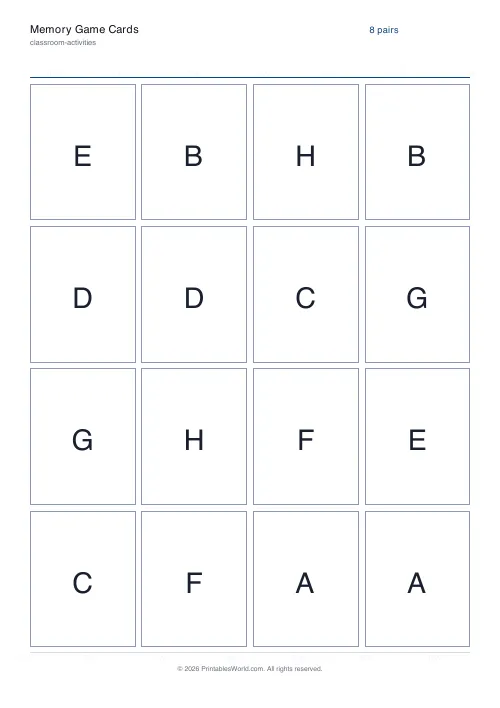 Free printable memory match game — 8 pairs — PDF download