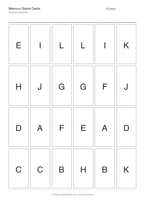 Free printable memory match game — 12 pairs — PDF download
