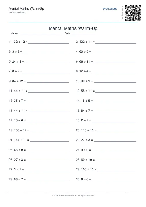 Free printable mental maths worksheet — Divide, with answer key — PDF download