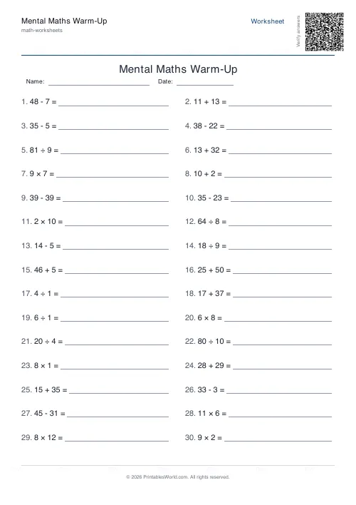 Free printable mental maths worksheet — 50, with answer key — PDF download
