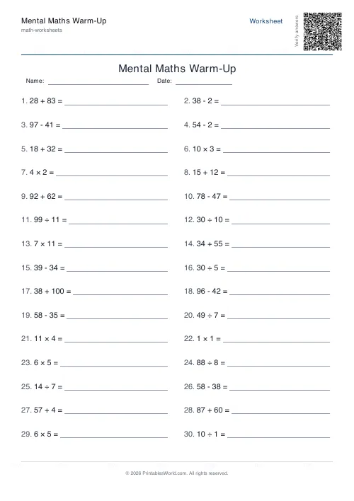 Free printable mental maths worksheet — 100, with answer key — PDF download