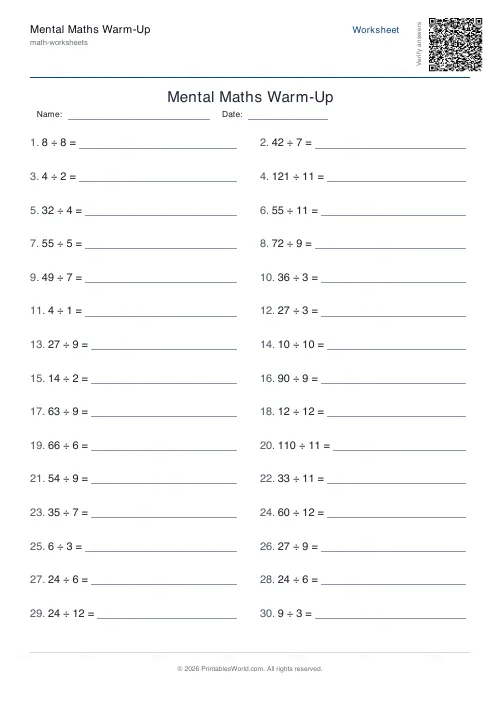 Free printable mental maths worksheet — Multiply — PDF download