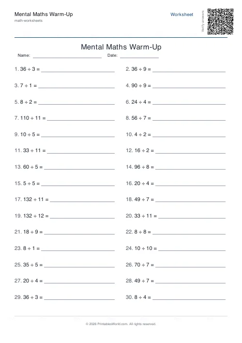 Free printable mental maths worksheet — Divide — PDF download