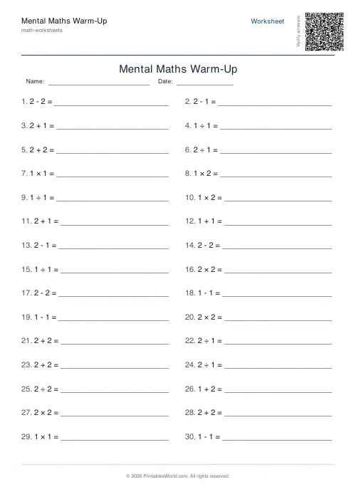 Free printable mental maths worksheet — 2 — PDF download