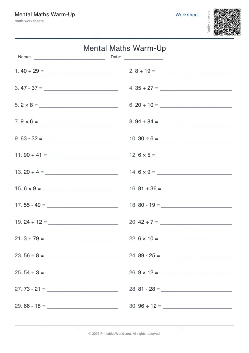 Free printable mental maths worksheet — 100 — PDF download