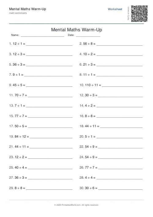 Free printable mental maths worksheet — Add, with answer key — PDF download