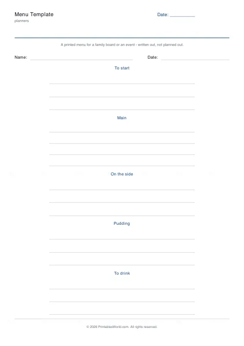 Free printable menu template (With a name and date band), PDF download