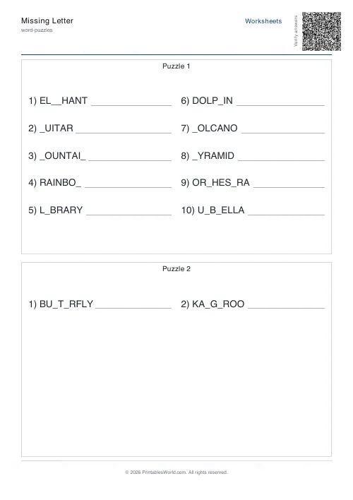 Free printable missing-letter puzzle — Easy — PDF download