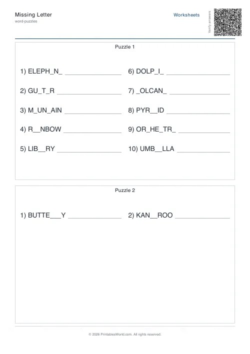 Free printable missing-letter puzzle — Medium — PDF download