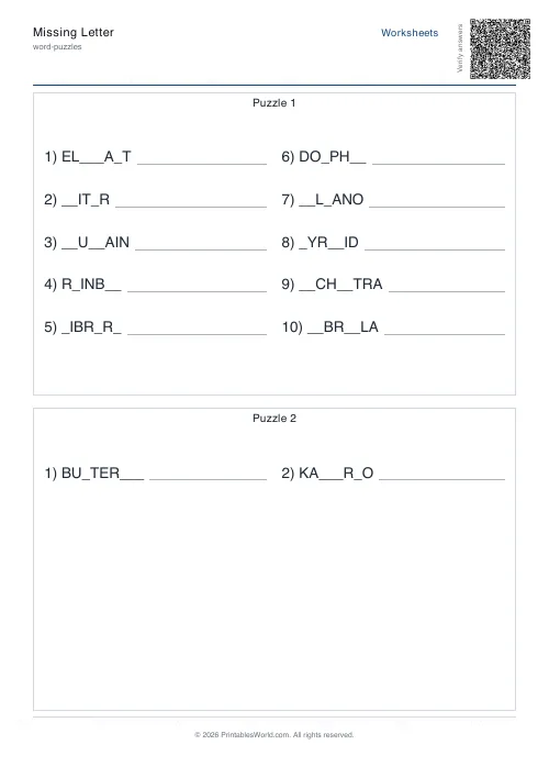 Free printable missing-letter puzzle — Hard — PDF download