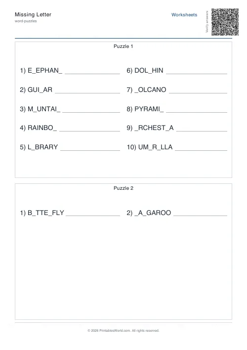 Free printable missing-letter puzzle — Easy, with answer key — PDF download