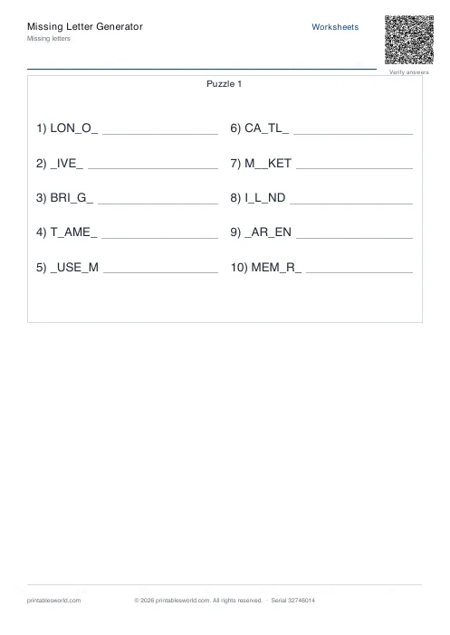 Free printable missing Letters Puzzle PDF — sheet 2