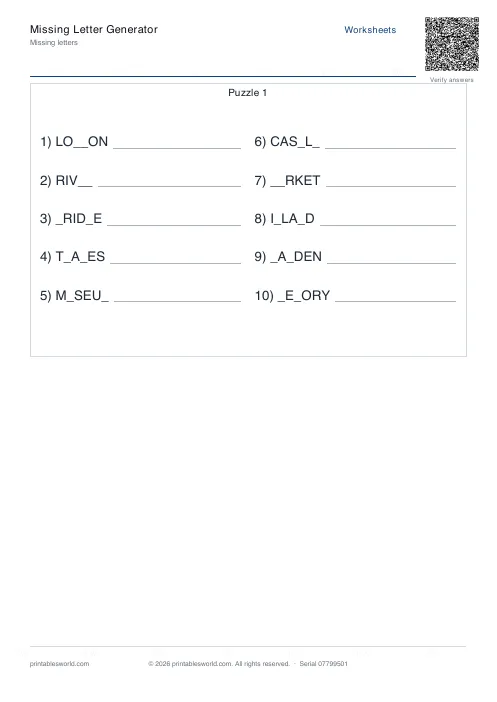Free printable missing Letters Puzzle PDF — sheet 4