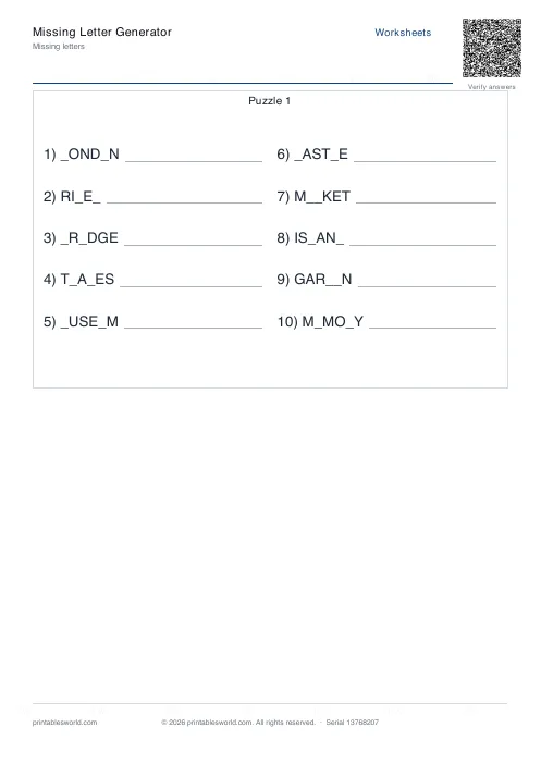 Free printable missing Letters Puzzle PDF — sheet 5